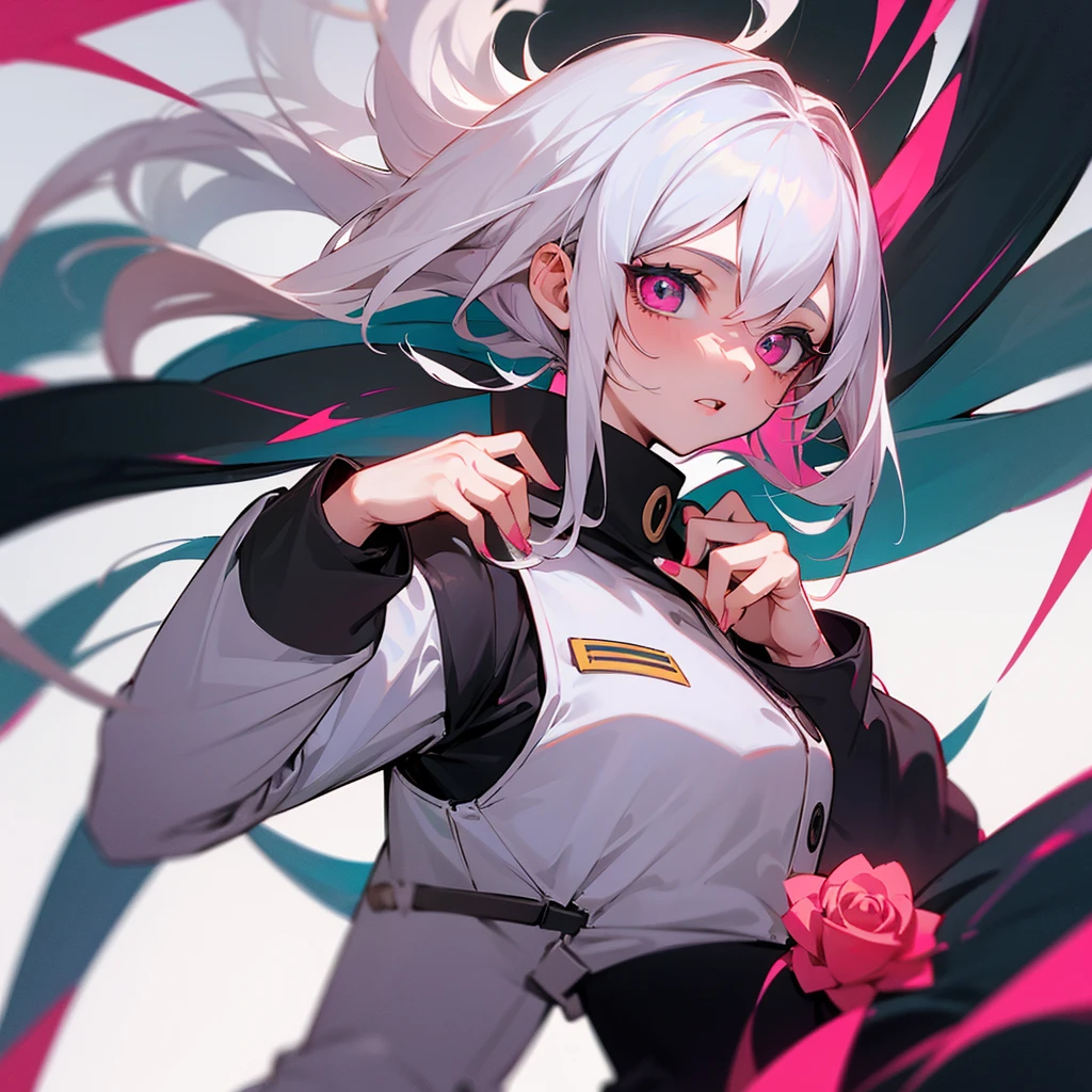 Boku no giro academia chica de pelo negro largo lacio con flequillo ojos de douma blanca expresion alegre con uniforme de la ua labios rosas