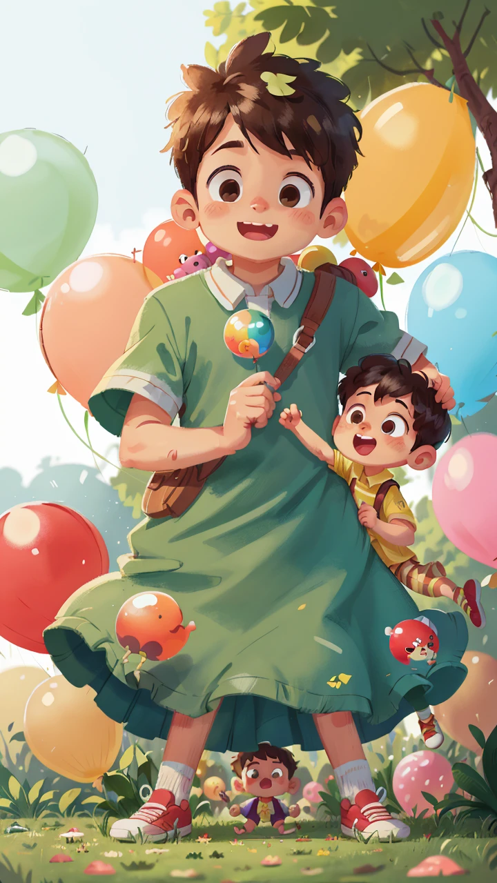 A boy, zoo, many balloons, happy, happy, perfect quality, clear focus (clutter - home: 0.8), (masterpiece: 1.2) (realistic: 1.2) (bokeh) (best quality) (detailed skin: 1.3) (complex details) (8K) (detail eyes) (sharp focus), (happy) full body, two children, clean background, long view composition, 85MM SHOT