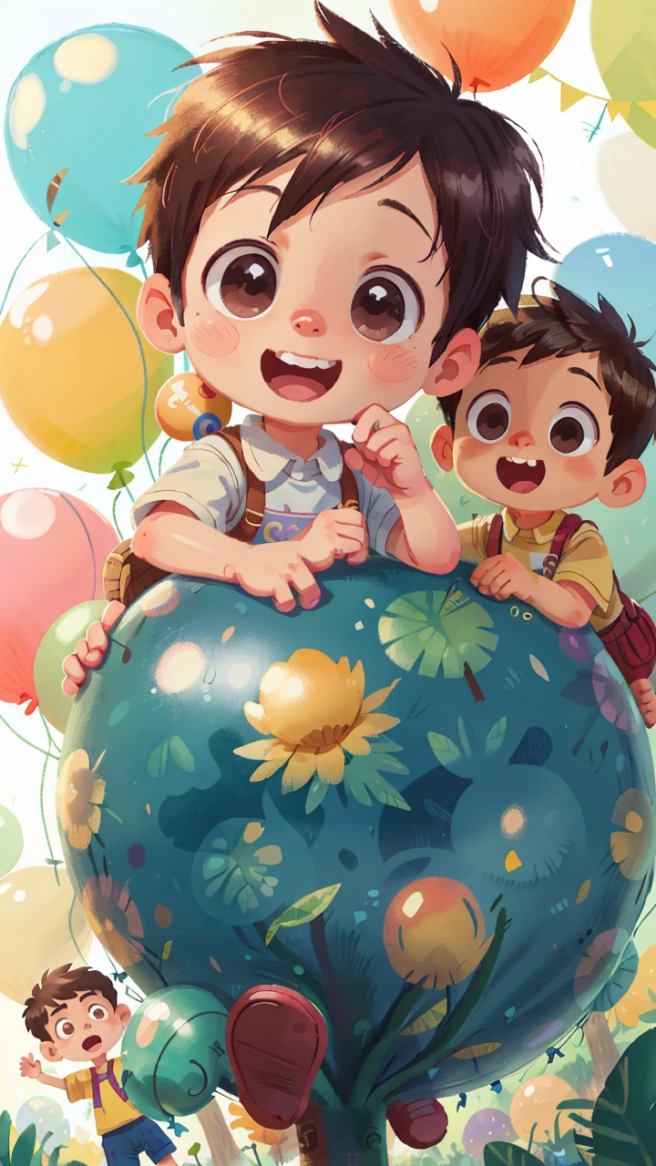 A boy, zoo, many balloons, happy, happy, perfect quality, clear focus (clutter - home: 0.8), (masterpiece: 1.2) (realistic: 1.2) (bokeh) (best quality) (detailed skin: 1.3) (complex details) (8K) (detail eyes) (sharp focus), (happy) full body, two children, clean background, long view composition, 85MM SHOT