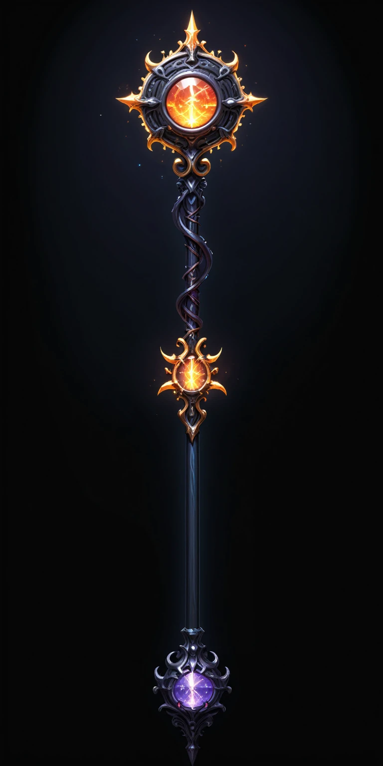 pixel art, cartoon illustration, Divine glavie greatstaff, Powerfull Magical theme, simple black background, RPG game icon 