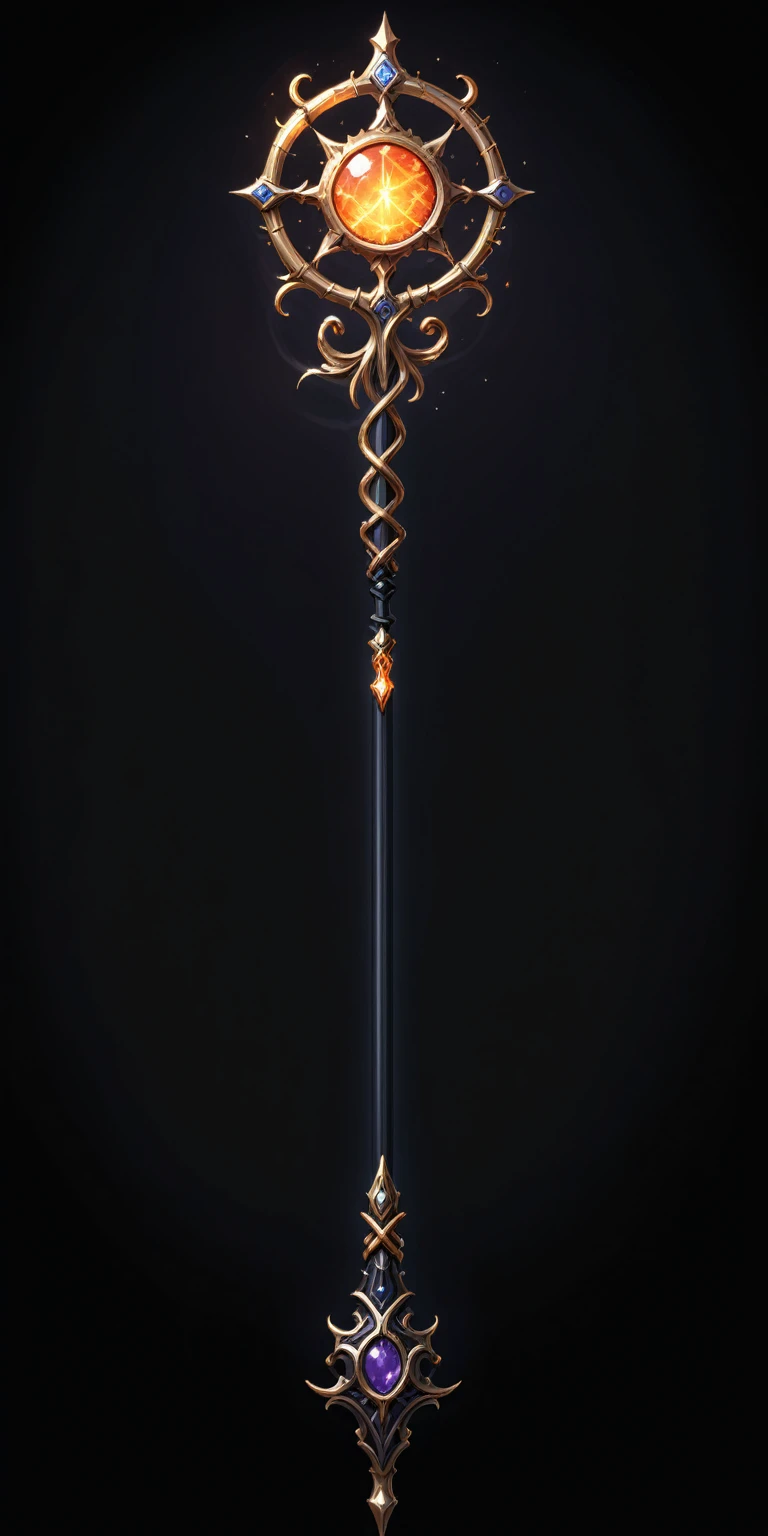 pixel art, cartoon illustration, Divine glavie greatstaff, Powerfull Magical theme, simple black background, RPG game icon 