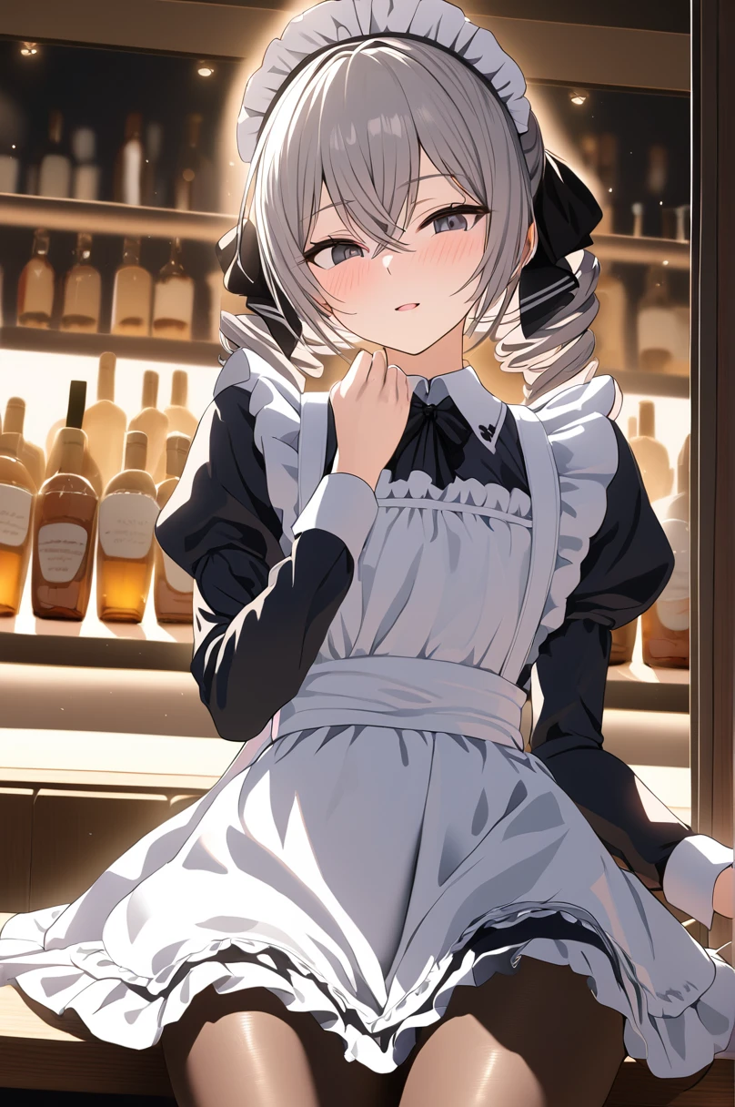 masterpiece, best quality, perfect features, intricate details, ray tracing, illustration,1girl, bronya zaychik, solo, maid, maid headdress, maid apron, light smile, pantyhose, open mouth, blush, parted lips, looking at viewer, cowboy shot, bar \(place\), indoors, depth of field ,