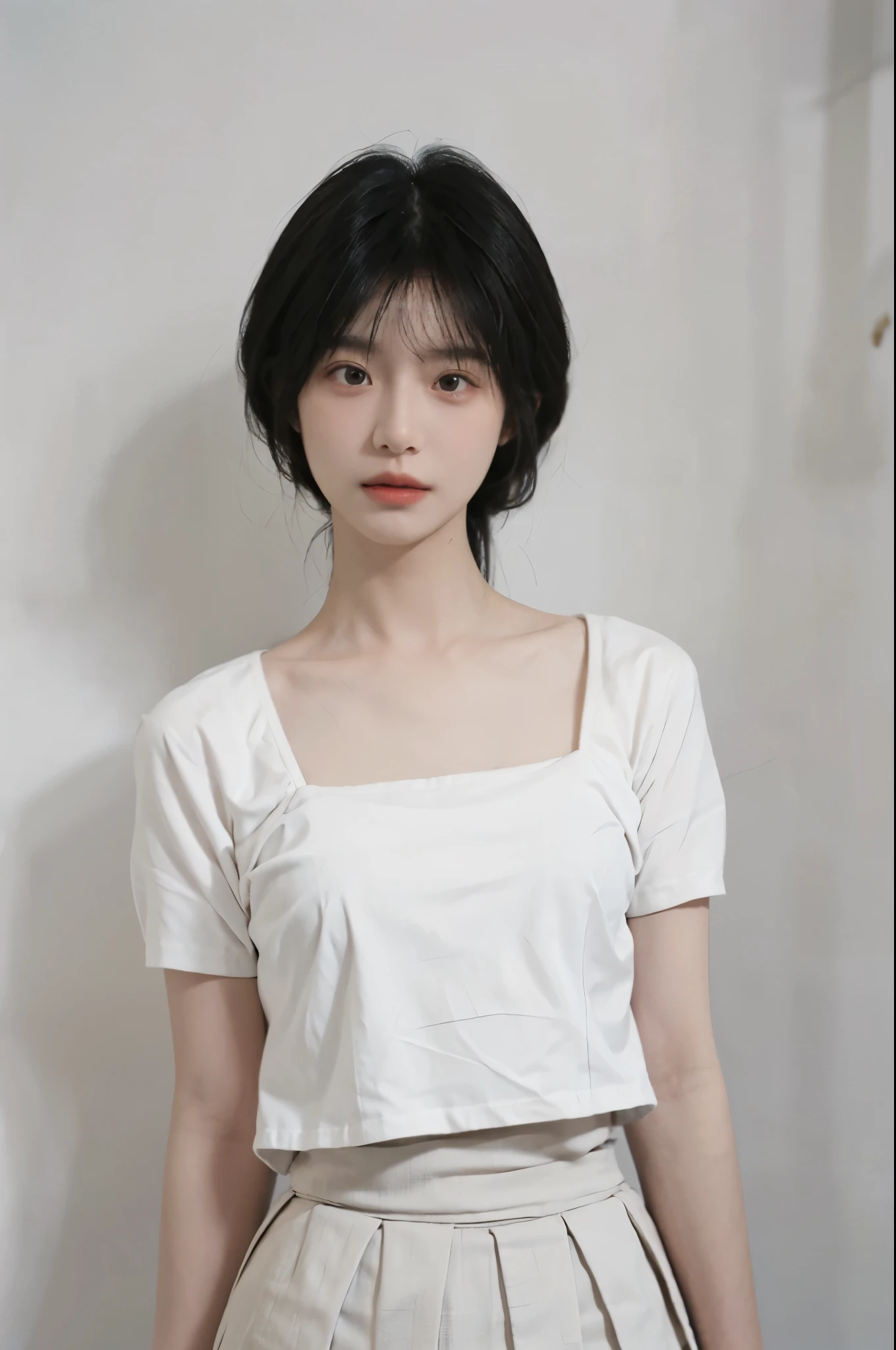 Beautiful woman with perfect figure:1.4,Ultra-high resolution,White background,(lifelike:1.4),Layered Hairstyle,White skin,Bikini:1.5,Super short pleated skirt,whole body,Very delicate face and skin texture,Double eyelids,Skin Whitening,short hair,White hair