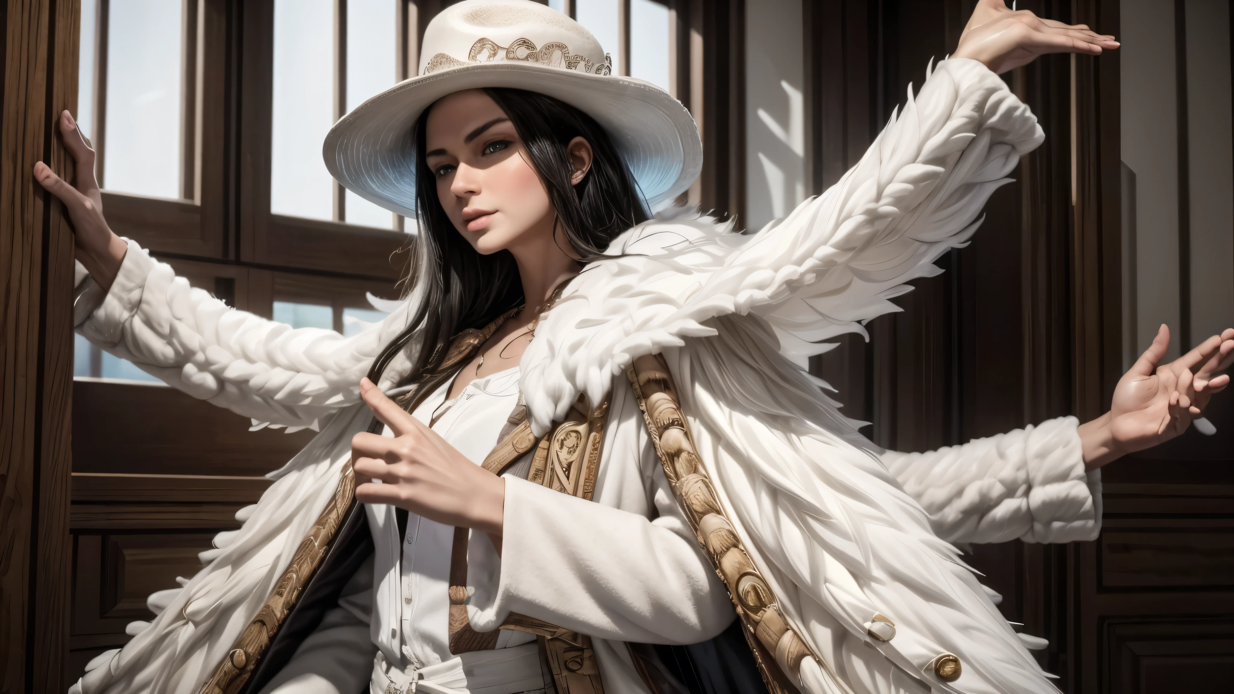 masterpiece, best quality, extremely detailed, hyperrealistic:1.1, photorealistic, a beautiful 20s russian model, ultra detailed face:1.1, white cowboy hat:1.1, white fur coat, extra arms:1.2, 10 arms:1.2, raising arms, black hair, in ultra detailed modern office, outraged:1.1