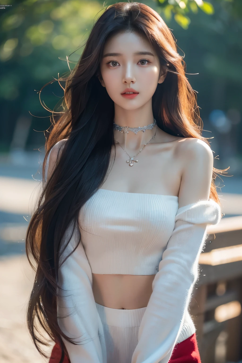 8k, masterpiece, RAW photo, best quality, photorealistic, extremely detailed CG unity 8k wallpaper, Depth of field, Cinematic Light, Lens Flare, Ray tracing, (extremely beautiful face, beautiful lips, beautiful eyes), intricate detail face, ((ultra detailed skin), Photo of Pretty 1 girl best qualtiy, ultra high resolution, (realisticlying:1.4),cute hairpin,1girll,Red long-haired,Cropped sweater ,Beautiful woman with a slim figure:1.4, Pronounced abs:1.4, On the island,Ultra-fine face,Elaborate Eyes,double eyelid,choker necklace