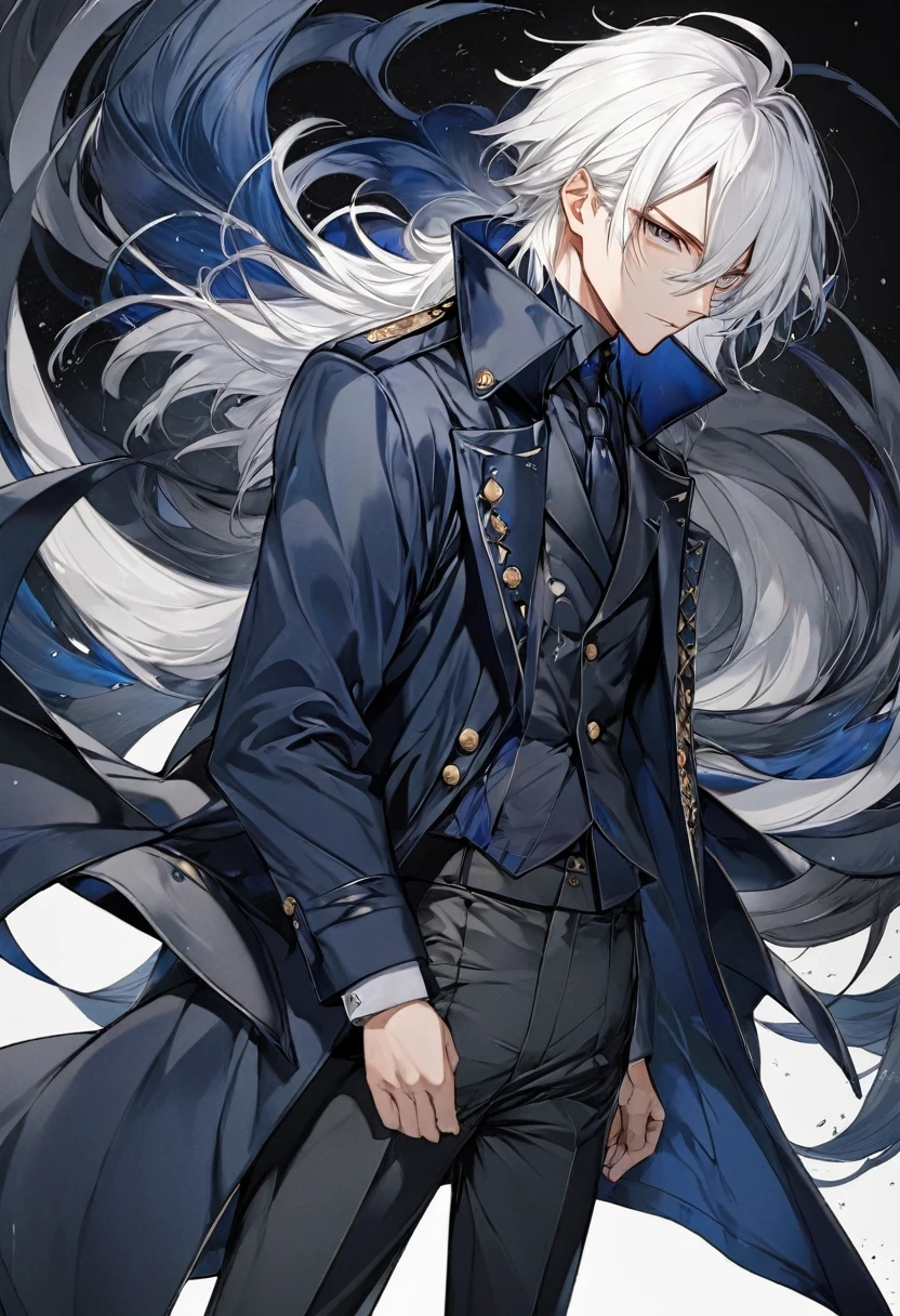 Anime, male, white hair, dark blue coat, dark grey pants, serious