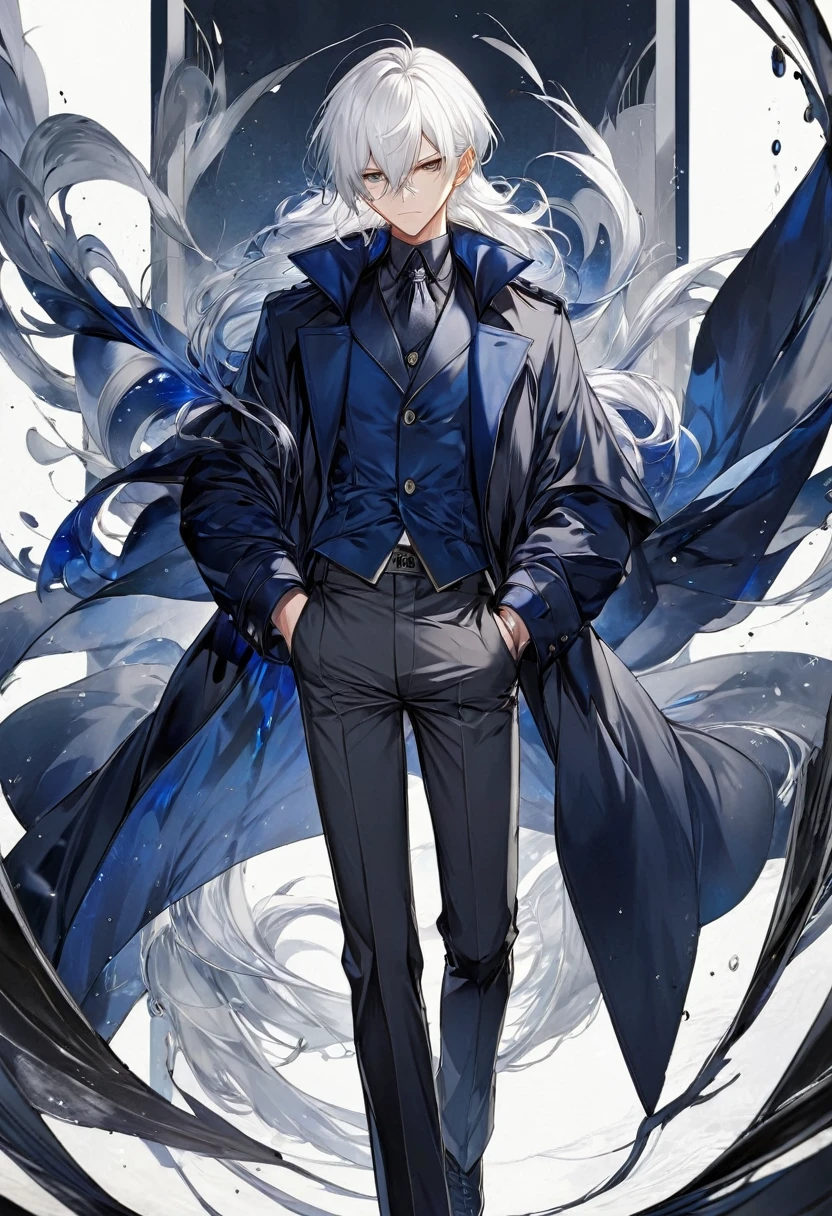 Anime, male, white hair, dark blue coat, dark grey pants, serious