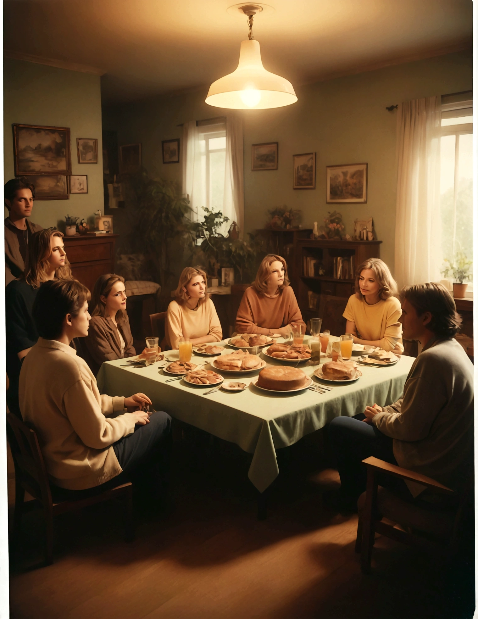 a 90s stylephoto of a group of people having a gathering at home, with faded colors and a nostalgic design. perfect lighting, high res, highly detailed. polaroid photo style