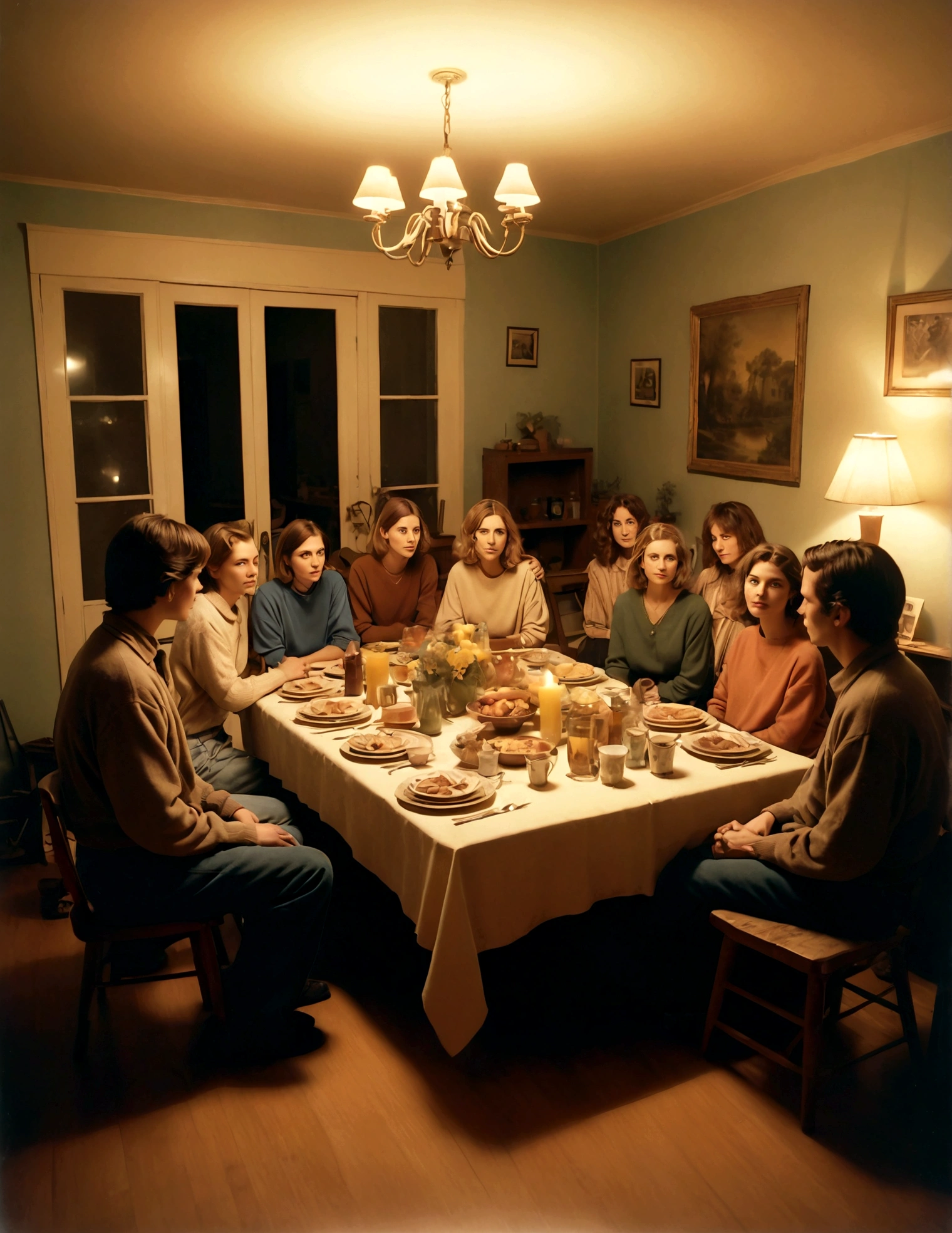a 90s stylephoto of a group of people having a gathering at home, with faded colors and a nostalgic design. perfect lighting, high res, highly detailed. polaroid photo style