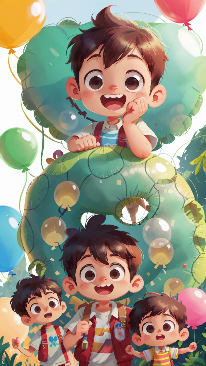 A boy, zoo, many balloons, happy, happy, perfect quality, clear focus (clutter - home: 0.8), (masterpiece: 1.2) (realistic: 1.2) (bokeh) (best quality) (detailed skin: 1.3) (complex details) (8K) (detail eyes) (sharp focus), (happy) full body, two children, clean background, long view composition, 85MM SHOT