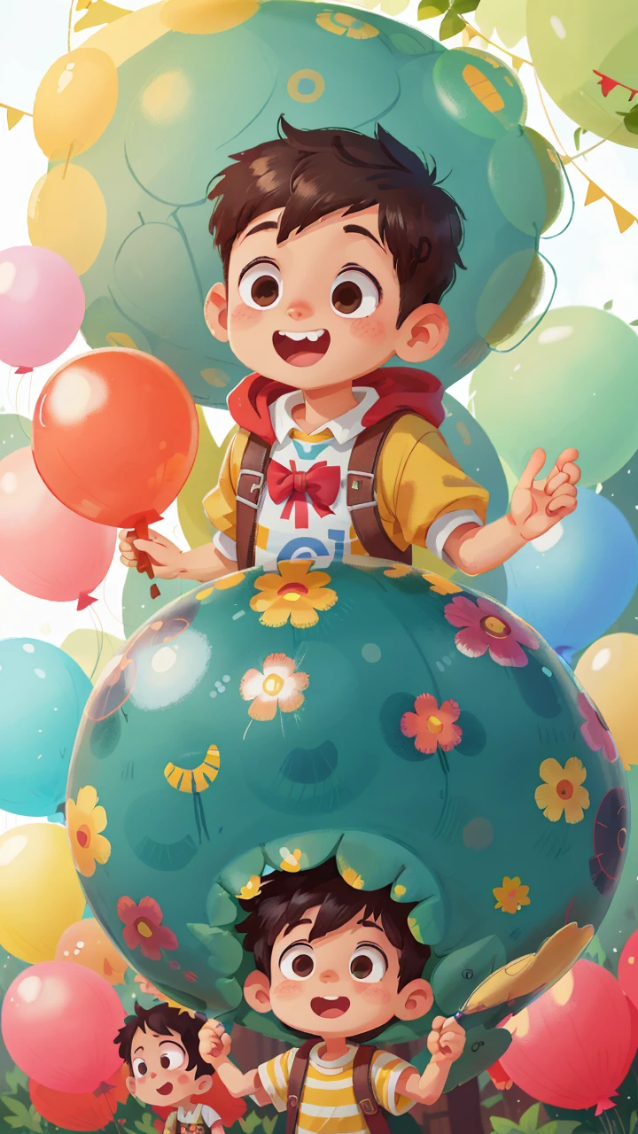 A boy, zoo, many balloons, happy, happy, perfect quality, clear focus (clutter - home: 0.8), (masterpiece: 1.2) (realistic: 1.2) (bokeh) (best quality) (detailed skin: 1.3) (complex details) (8K) (detail eyes) (sharp focus), (happy) full body, two children, clean background, long view composition, 85MM SHOT