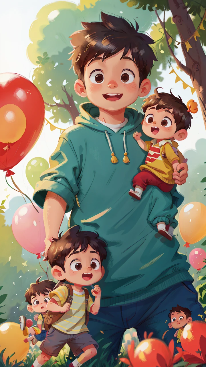 A boy, zoo, many balloons, happy, happy, perfect quality, clear focus (clutter - home: 0.8), (masterpiece: 1.2) (realistic: 1.2) (bokeh) (best quality) (detailed skin: 1.3) (complex details) (8K) (detail eyes) (sharp focus), (happy) full body, two children, clean background, long view composition, 85MM SHOT