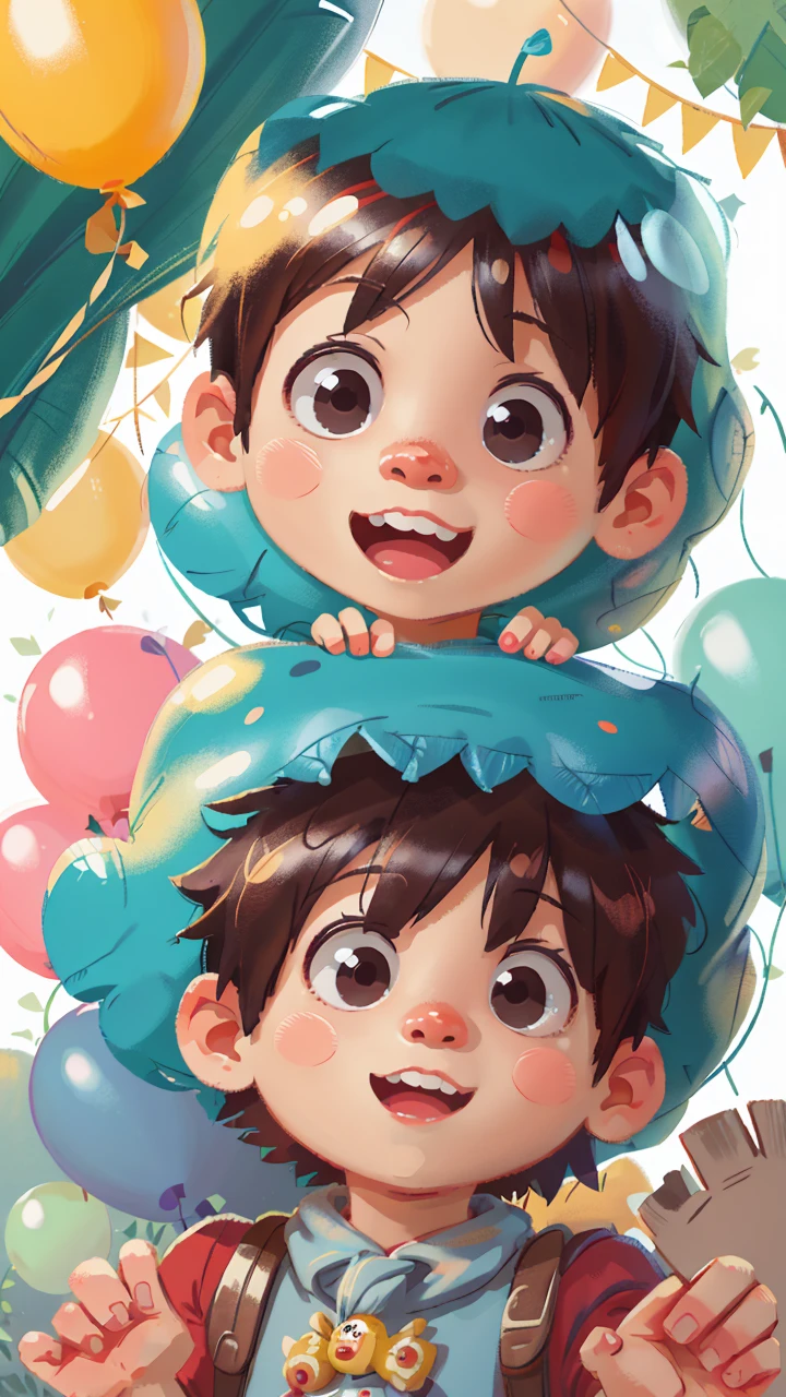 A boy, zoo, many balloons, happy, happy, perfect quality, clear focus (clutter - home: 0.8), (masterpiece: 1.2) (realistic: 1.2) (bokeh) (best quality) (detailed skin: 1.3) (complex details) (8K) (detail eyes) (sharp focus), (happy) full body, two children, clean background, long view composition, 85MM SHOT