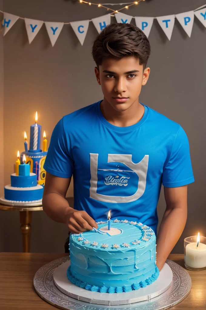 Create a 3d image in which a teenager boy cutting Cake wearing blue color shirt with Name "Zamir" is written clearly on the Cake and 20 year candle burning on the Cake, image features with birthday decorated view, realistic image, background decorated with birthday items.