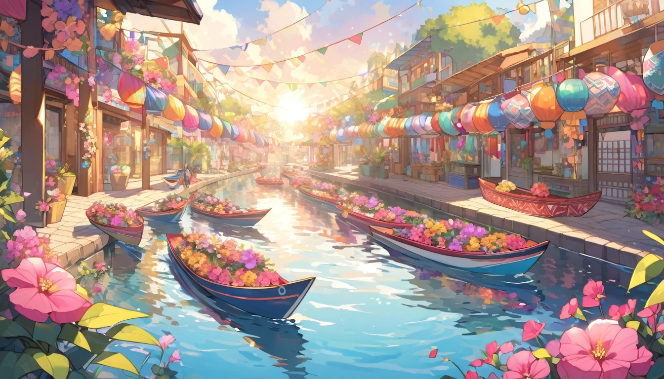 A festive scene depicting the vibrant canals of Xochimilco. Colorful trajineras (flat-bottomed boats) adorned with flowers and bright decorations glide along the calm water. pink bougainvillea flowers adding pops of color. The warm afternoon sun casts a golden glow on the entire scene.