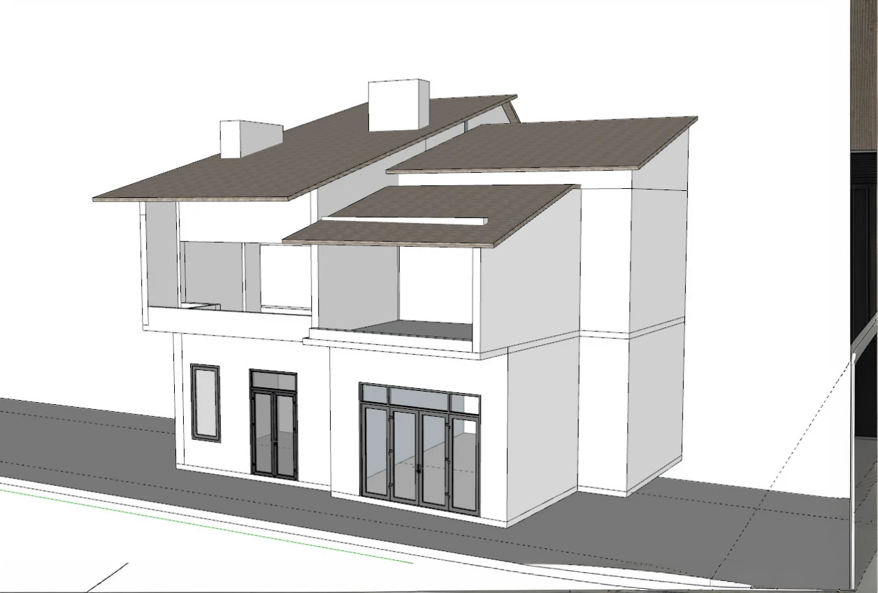 The house has a tiled roof, wooden walls, and large glass