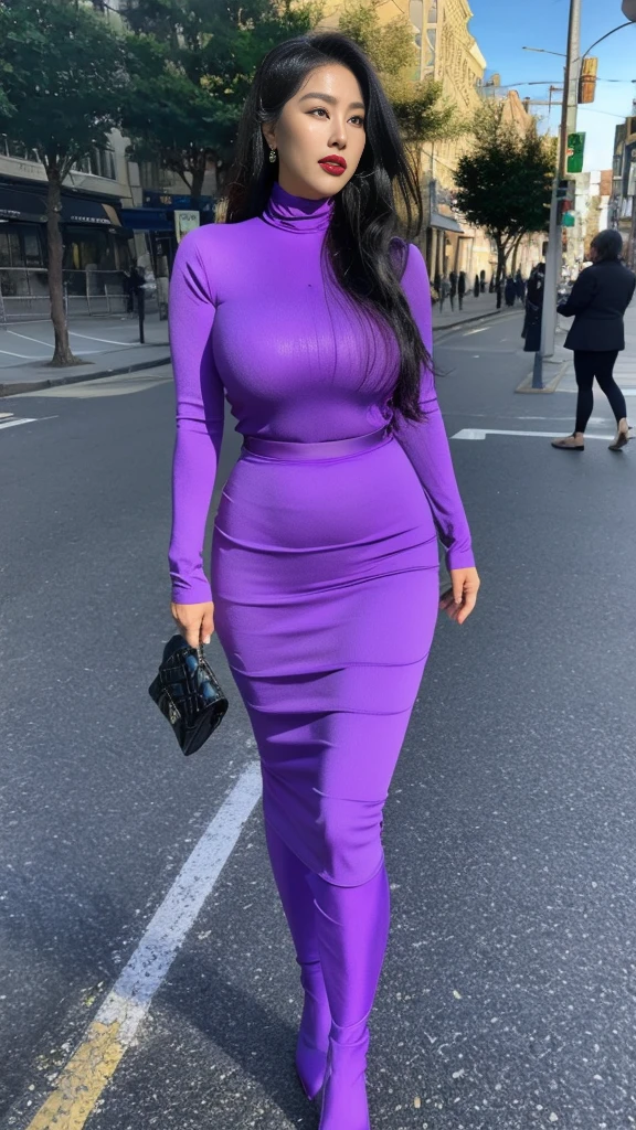 on the street,Light purple reflective clothing (No cleavage),cosmetic, (lipstick: 1.1), (Eyeliner: 1.2), mascara, Eyeshadow,Outdoor sports, earrings, necklace, Black tights, Wrinkles at the corners of the eyes, Oral wrinkles,High Neck Knit Bodycon Skirt,full-body shot,An Asian Japanese woman,65 years old,big eyes,elegant temperament elegant temperament,(masterpiece:1.2, best quality), actual, (The real situation,45 years old, Intricate details, Depth of Field,High neck clothes), careful, The content is very detailed, This is a perfect face, Perfect body, Large Model, Mature woman, High,Black silk garter belt,8K,best quality, masterpiece, Ultra-high resolution,(lifelike:1.4), original photo, Stay focused, detailed, Dramatic, Exquisite beautiful woman, (tall and straight:1.1),(Fat goddess desetallic high collar dress,High collar fitted skirt),half butterfly earrings, double ring necklace, (:1.05), (65 years old, : 1.4),Long curly hair, Dynamic angle, (red lips)Beautiful graphics, Light purple reflective fishnet socks,High heel