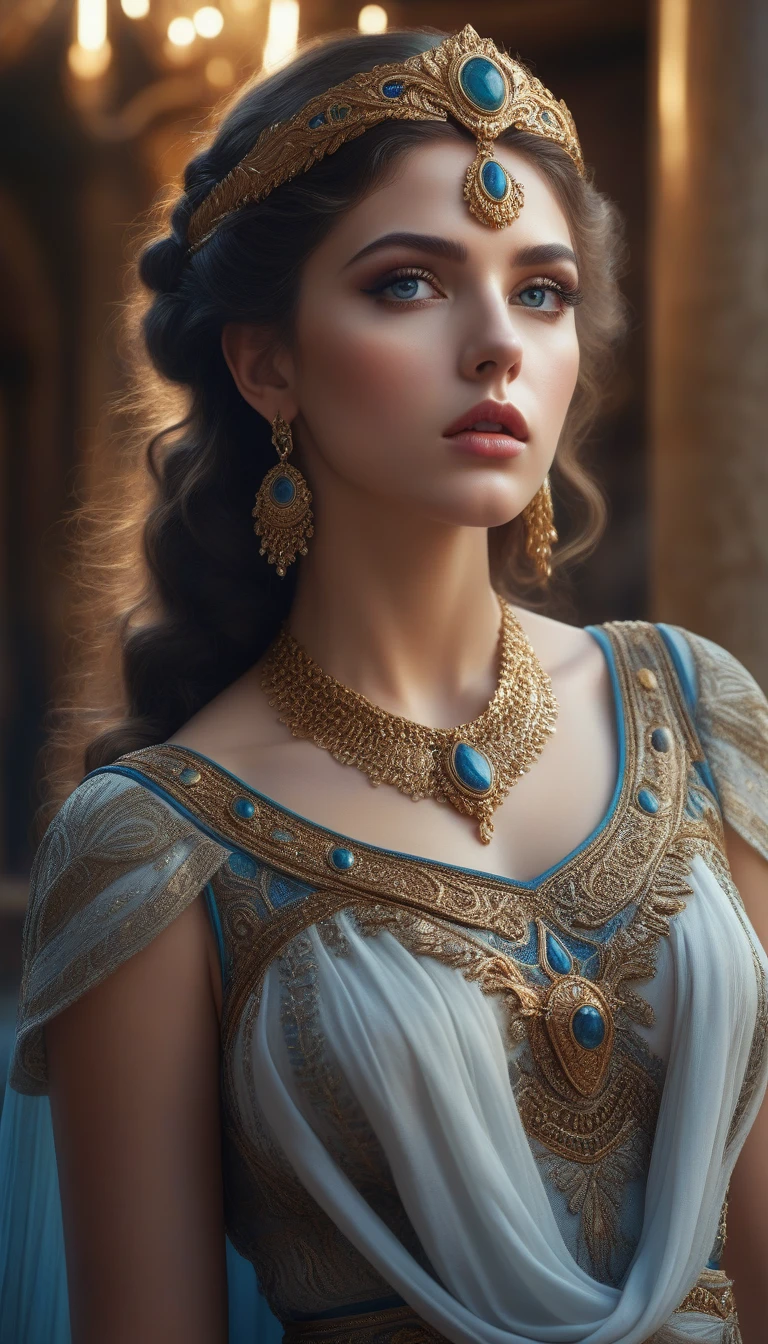 astarte, beautiful detailed eyes, beautiful detailed lips, extremely detailed eyes and face, long eyelashes, goddess, ancient greek mythology, mythology, fantasy, ornate jewelry, flowing dress, dramatic lighting, dramatic pose, cinematic composition, intricate details, digital painting, highly detailed, 8k, photorealistic, masterpiece, cinematic lighting