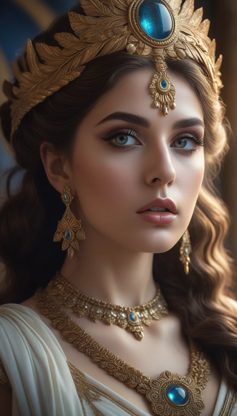 astarte, beautiful detailed eyes, beautiful detailed lips, extremely detailed eyes and face, long eyelashes, goddess, ancient greek mythology, mythology, fantasy, ornate jewelry, flowing dress, dramatic lighting, dramatic pose, cinematic composition, intricate details, digital painting, highly detailed, 8k, photorealistic, masterpiece, cinematic lighting