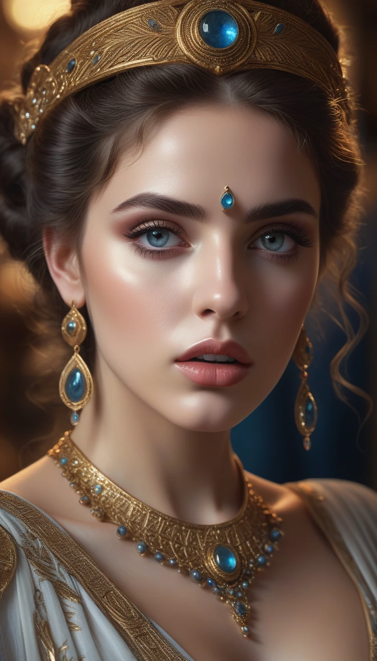 astarte, beautiful detailed eyes, beautiful detailed lips, extremely detailed eyes and face, long eyelashes, goddess, ancient greek mythology, mythology, fantasy, ornate jewelry, flowing dress, dramatic lighting, dramatic pose, cinematic composition, intricate details, digital painting, highly detailed, 8k, photorealistic, masterpiece, cinematic lighting