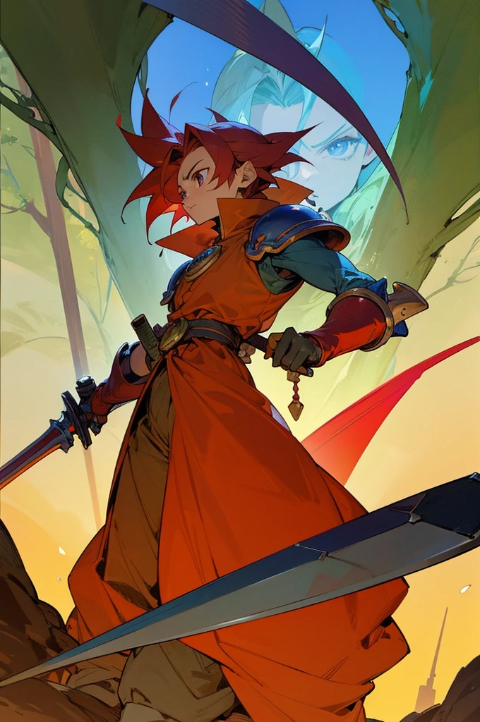 Chrono, from Chrono Trigger, wearing a colored armor, with a large red sword and a shield, perfect anatomy, perfect face, forest background