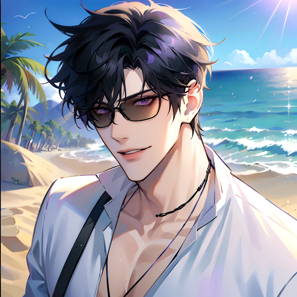 (masterpiece, 4k, high quality:1.3), 1boy, solo, short hair, black hair, asymmetrical fringe, purple eyes, handsome, sharp eyes, (mature male, mature:1.2), male focus, fashionable, open floral shirt, necklace, smile, close up, beach, sand, boats in the background, sunshine, ((sunglasses)), windy