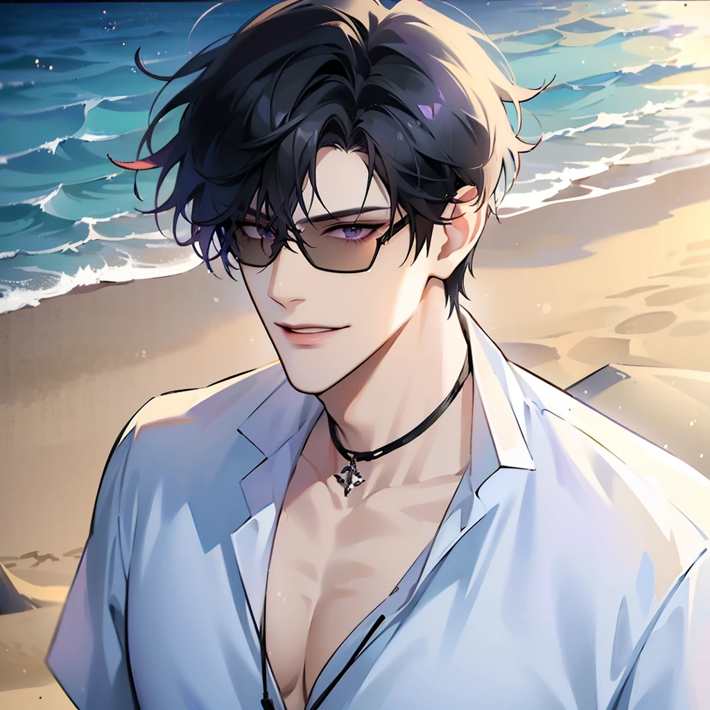 (masterpiece, 4k, high quality:1.3), 1boy, solo, short hair, black hair, asymmetrical fringe, purple eyes, handsome, sharp eyes, (mature male, mature:1.2), male focus, fashionable, open floral shirt, necklace, smile, close up, beach, sand, boats in the background, sunshine, ((sunglasses)), windy