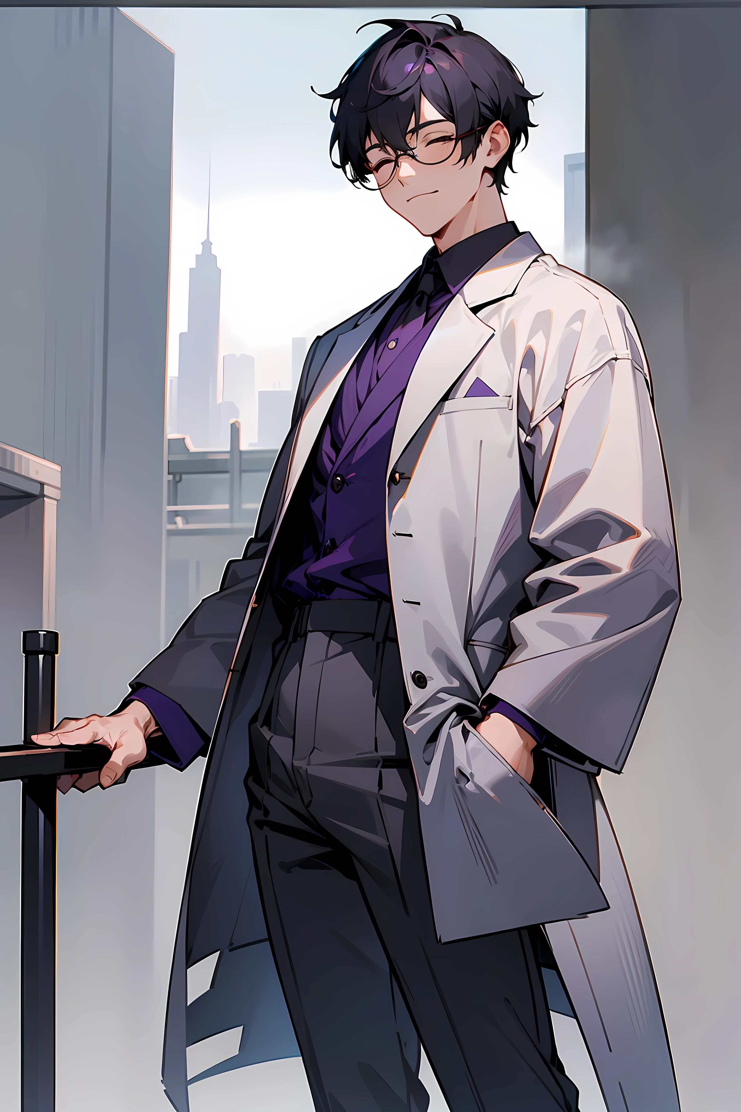 1male, Young Adult, Dark Purple, Eyes Closed, Short Hair, Grey Pants, Grey Lab Coat, Dojo Background, Standing in Dojo, Slight Smile, Glasses, City Background