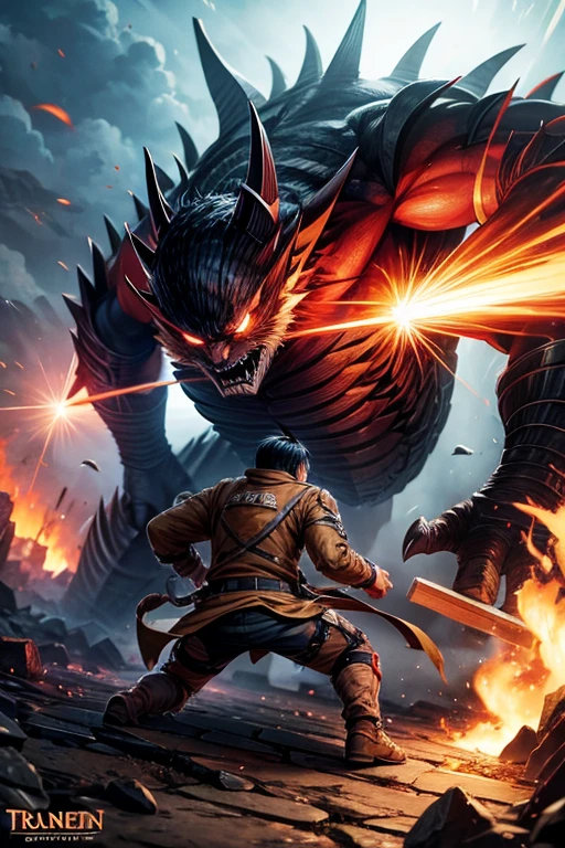 Draw kaiju number 8 fighting Eren in his titan form