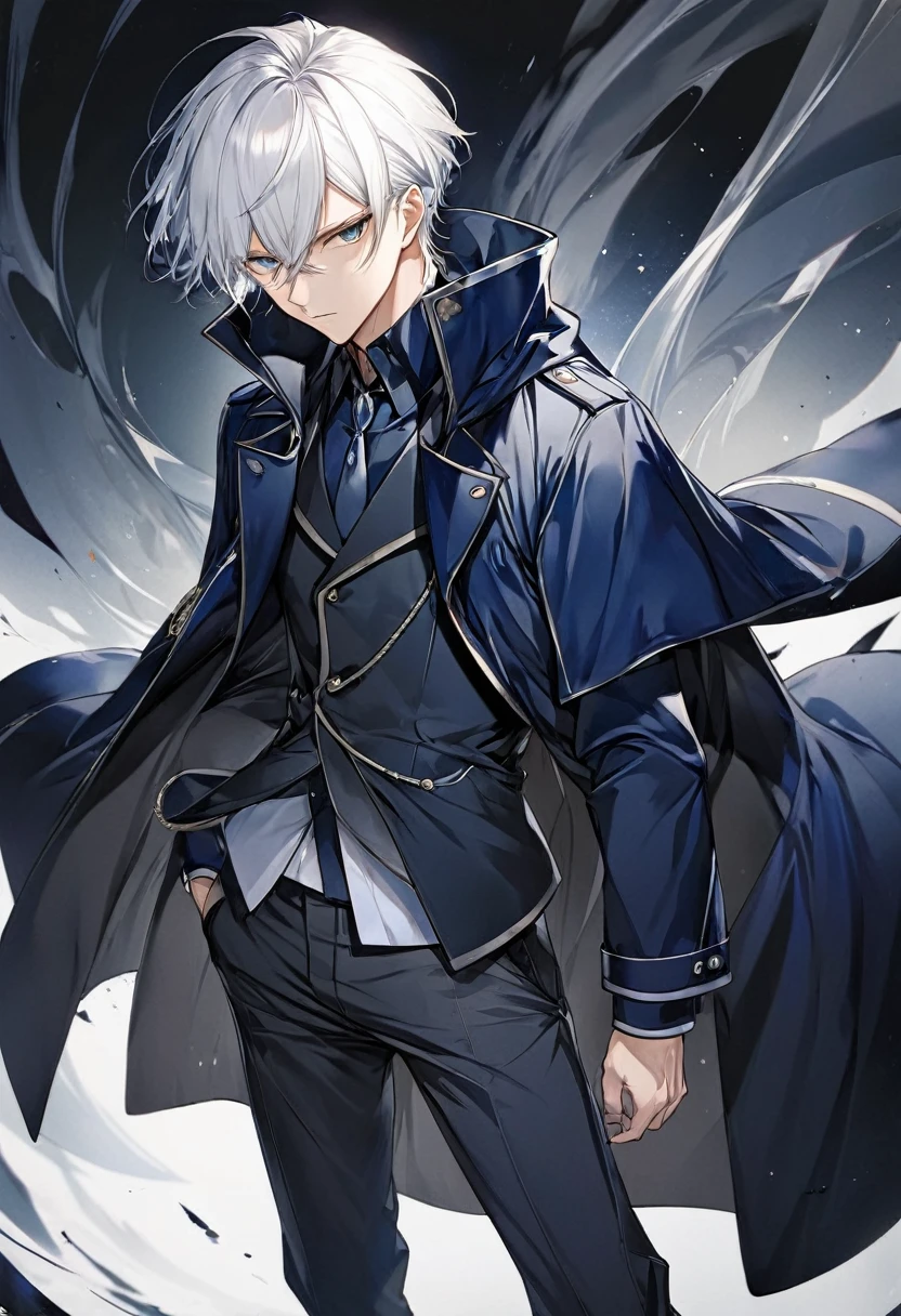 Anime, male, short white hair, dark blue coat, dark grey pants, serious