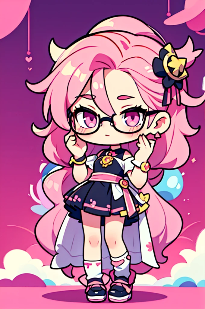 man ,cartoon girl with pink hair and glasses wearing a crown, ((pink)), Official fan art, The delicate androgynous prince, anime moe art style, beautiful androgynous prince, cute art style, Chibi style, 🍁 cute, Kawaii Chibi, ❤🔥🍄🌪, Chibi Art, Fan Art Demon Slayer Rui, cute character, Maple character art, High quality fan art