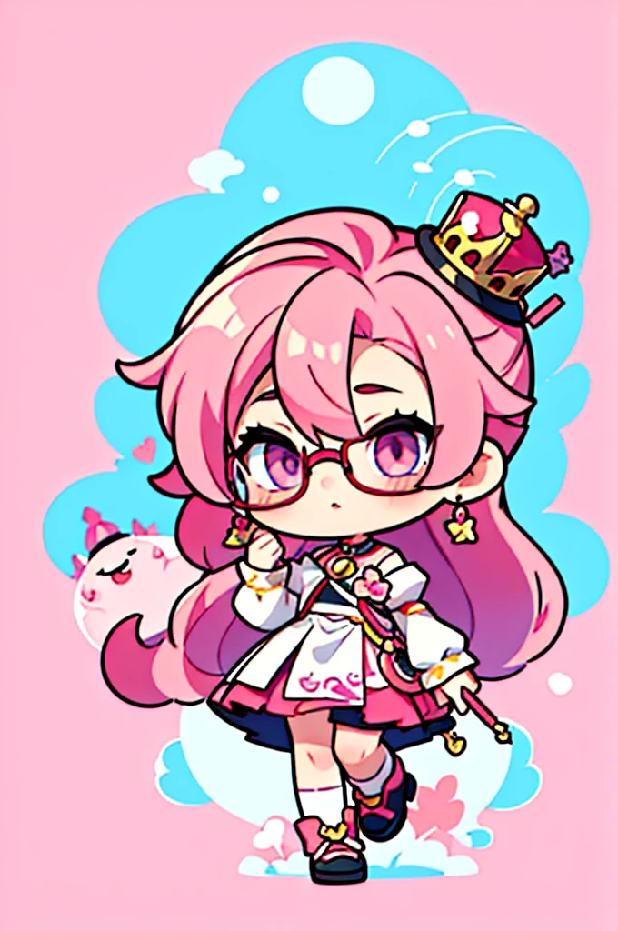 man ,cartoon girl with pink hair and glasses wearing a crown, ((pink)), Official fan art, The delicate androgynous prince, anime moe art style, beautiful androgynous prince, cute art style, Chibi style, 🍁 cute, Kawaii Chibi, ❤🔥🍄🌪, Chibi Art, Fan Art Demon Slayer Rui, cute character, Maple character art, High quality fan art