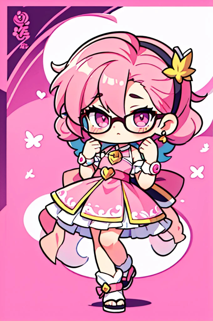 man ,cartoon girl with pink hair and glasses wearing a crown, ((pink)), Official fan art, The delicate androgynous prince, anime moe art style, beautiful androgynous prince, cute art style, Chibi style, 🍁 cute, Kawaii Chibi, ❤🔥🍄🌪, Chibi Art, Fan Art Demon Slayer Rui, cute character, Maple character art, High quality fan art