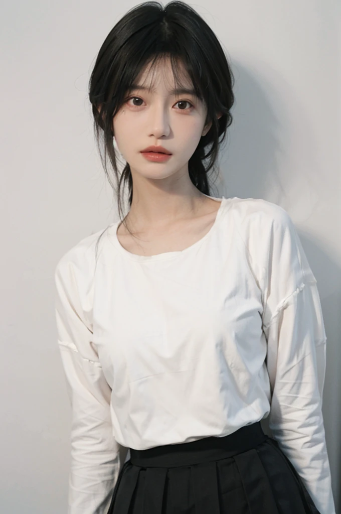 Beautiful woman with perfect figure:1.4，Ultra-high resolution，White background，（lifelike：1.4），Layered Hairstyle，White skin，Super short pleated skirt，whole body，Very delicate face and skin texture，Double eyelids，Skin Whitening，short hair，White hair