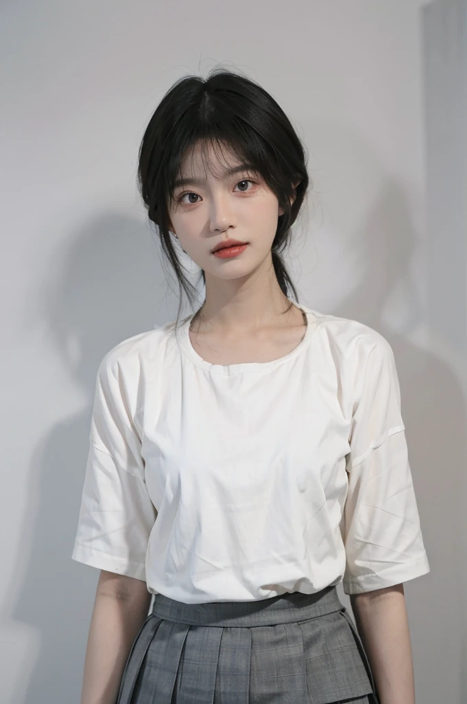 Beautiful woman with perfect figure:1.4，Ultra-high resolution，White background，（lifelike：1.4），Layered Hairstyle，White skin，Super short pleated skirt，whole body，Very delicate face and skin texture，Double eyelids，Skin Whitening，short hair，White hair