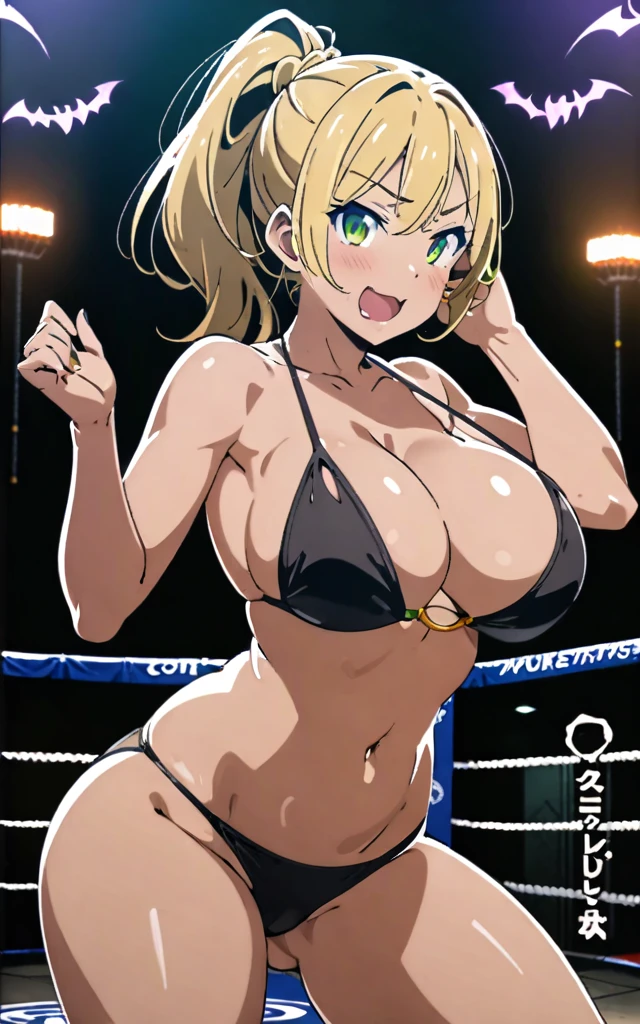 ((masterpiece)), ((high quality)), ((super detailed)), ((high resolution)) ,((8k)), a beautiful woman, ((She is one of the most famous female Gravure actress in the world.)), ((unparalleled beauty)), ((huge breast)), ((large ass)), ((deep cleavage)), slim waist, chest out, ultra detailed face, perfect skin, (((Half-up hairstyle, Long blonde ponytail hair))), Green eyes,  detailed eyes, whole body image, (((anime))), ((glamorous)), 24 years old, ((incredibly beautiful woman)), ((The I cup bust)),  ((((sling bikini ring wear, See-through innerwear)))),  ((beautiful breasts)), beautiful legs, 8 life size, anime, the most beautiful and strongest, ((charm)), ((Half Japanese and half British)), ((Grown-up face)),  (((Women's mixed martial arts,  A fighting arena))), ((((Bewitching)))), ((Gravure pose)), excitement,