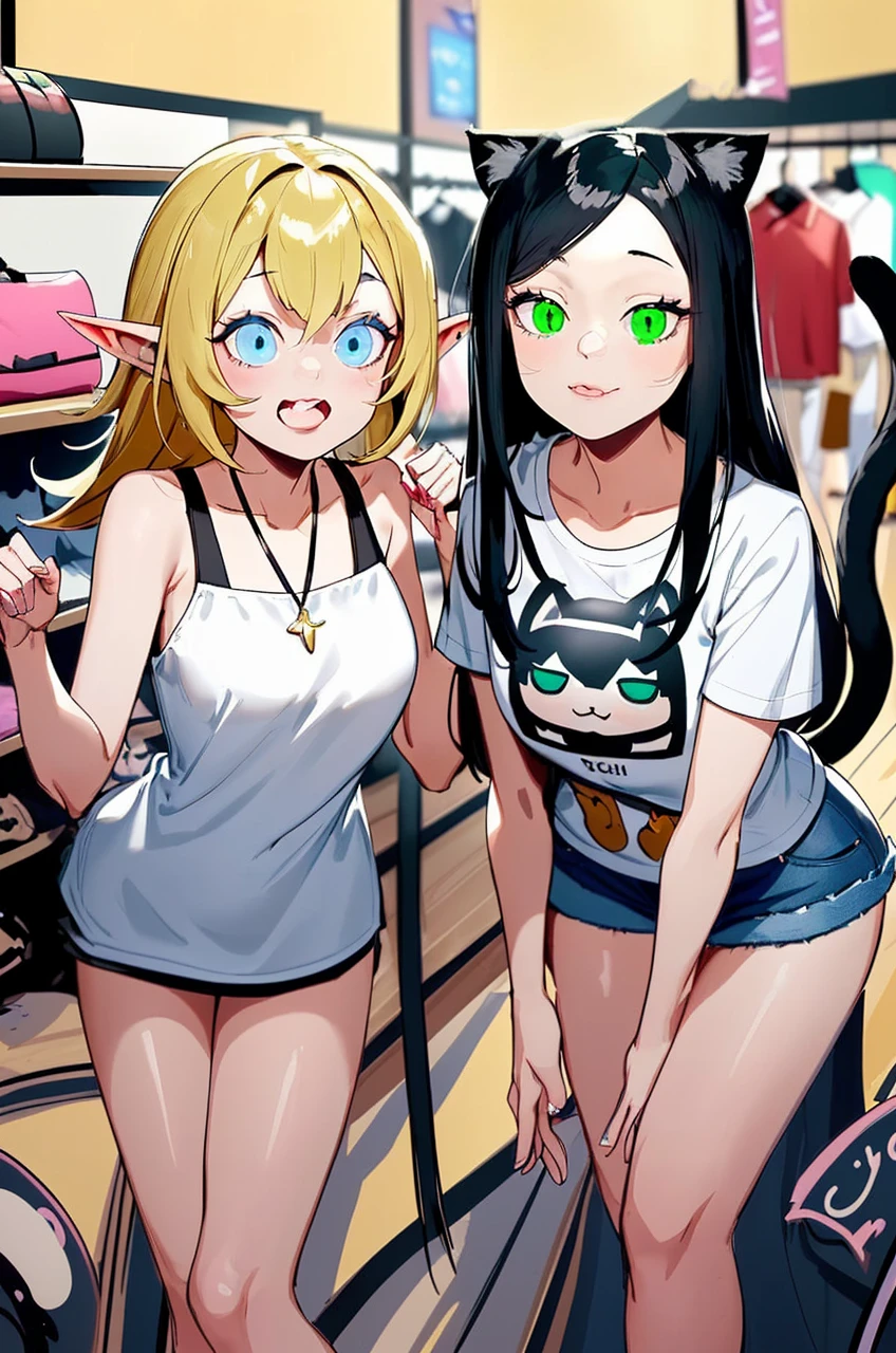a young girl with raven black hair, emerald green cat eyes, and cat ears and tail, wearing a white crop top and denim shorts, posing in a clothing store next to a mature woman with pointy elf ears, golden hair, and topaz blue eyes, wearing a black form-fitting dress, realistic, photorealistic, high quality, 8k, best quality, masterpiece, extremely detailed, detailed clothing, detailed facial features, dramatic lighting, rich colors, fashion photography,pencil-skirt