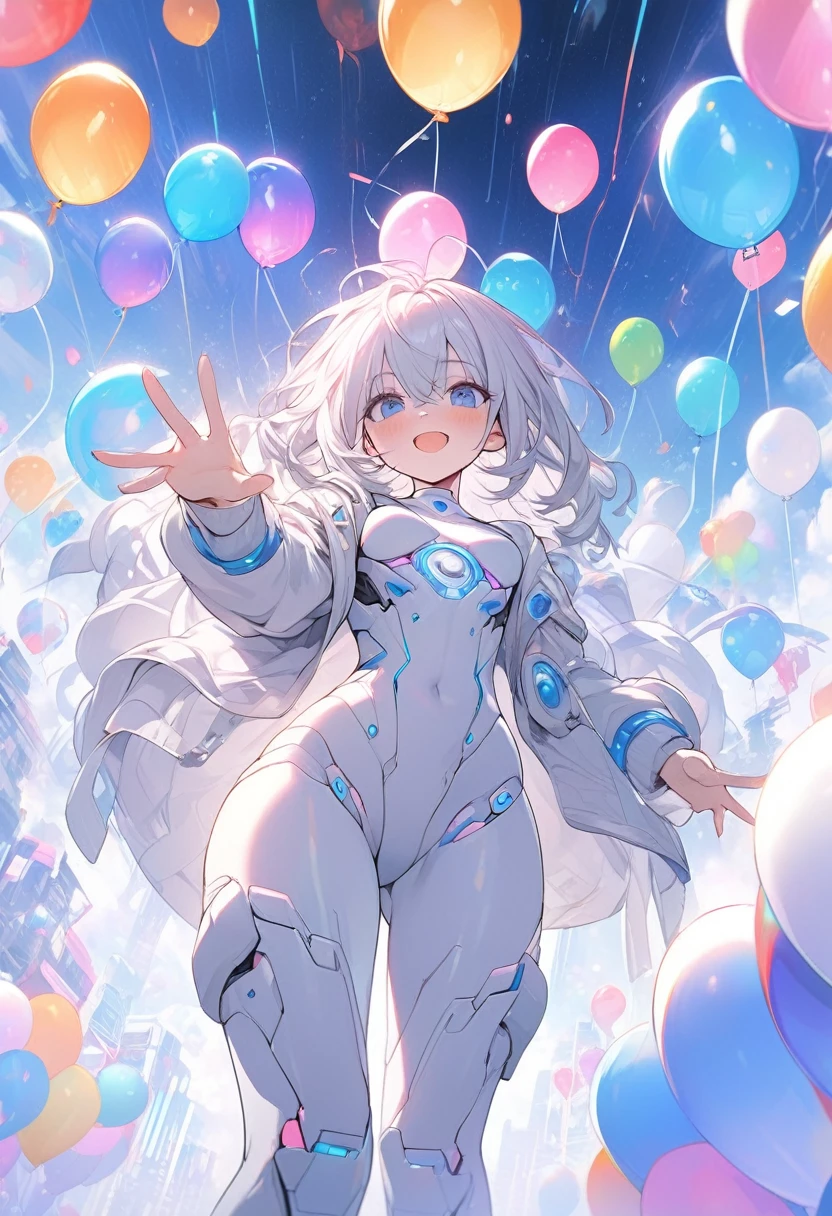 Real CG art of the creative world,A picture of a cyborg girl chasing colorful balloons in a cyber world.The girl has long white hair Blue and white cyborg style body,Body with a lot of exposed machinery,Clear blue neon light from the suit,No decoration on the head, a cyber space like the anime Ghost in the Shell,At the end of the cyber space, there are lights and many colorful balloons.The girl is reaching out and chasing the balloon,The girl's beautiful hair texture, beautiful face,Beautiful depiction of the cyber suit mechanism,Beautiful depiction of balloons,The feeling of no writing in the cyberspace,A perspective looking up at the balloon from below.(perfect five fingers:1.2)(Masterpiece, Best Quality, 4k, 8k,1.2) Ultra Detail