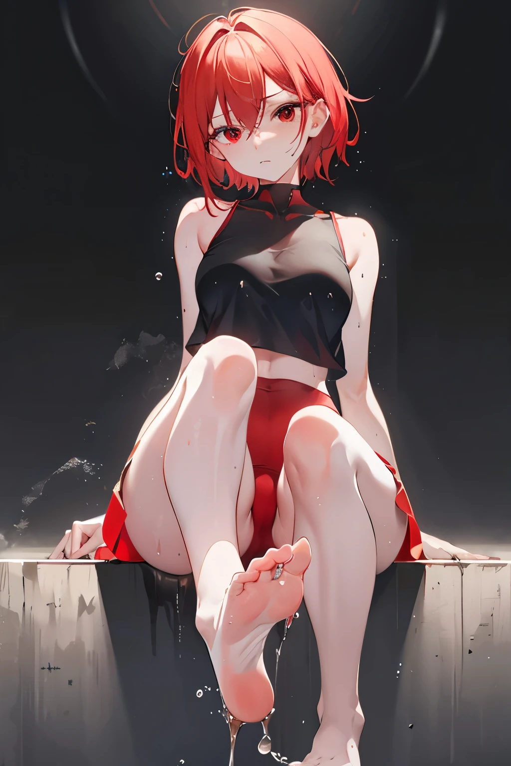 underdressing,Camel toe,indifferent,Red Eyes,Sweat,Soaked,liquid,transparent,Expression of disgust,Sitting,Cropped tops,Soles