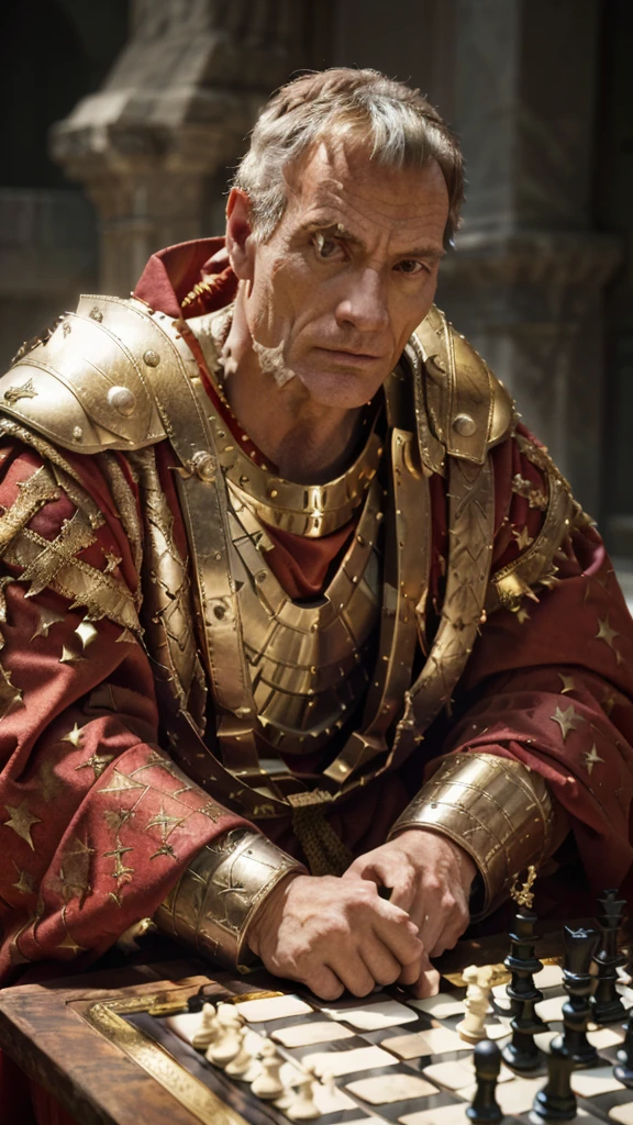 arafed man in armor playing a game of chess, julius caesar, wearing gilded red robes, roman emperor, magneto, inspired by Pogus Caesar, maximus jacobs, inspired by Caesar van Everdingen, portrait shot, caesar, high quality image, christopher lloyd as belial, bryan cranston as thor, arsen lupin as a paladin