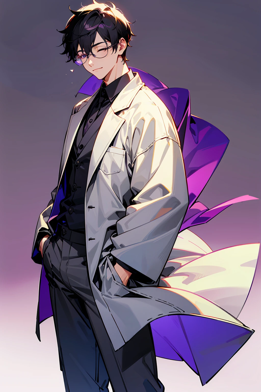 1male, Young Adult, Dark Purple, Eyes Closed, Short Hair, Grey Pants, Grey Lab Coat, Dojo Background, Standing in Dojo, Slight Smile, Glasses, City Background