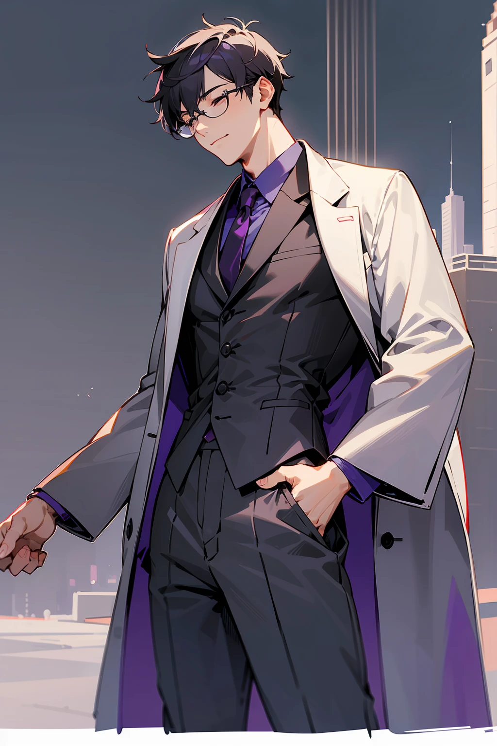 1male, Young Adult, Dark Purple, Eyes Closed, Short Hair, Grey Pants, Grey Lab Coat, Dojo Background, Standing in Dojo, Slight Smile, Glasses, City Background