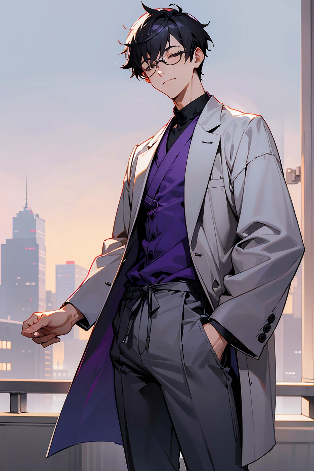 1male, Young Adult, Dark Purple, Eyes Closed, Short Hair, Grey Pants, Grey Lab Coat, Dojo Background, Standing in Dojo, Slight Smile, Glasses, City Background
