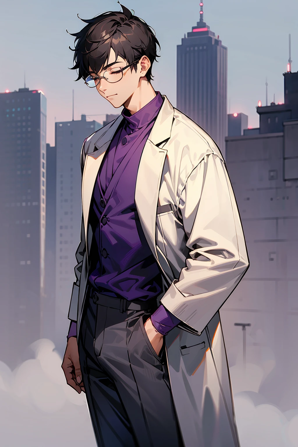 1male, Young Adult, Dark Purple, Eyes Closed, Short Hair, Grey Pants, Grey Lab Coat, Dojo Background, Standing in Dojo, Slight Smile, Glasses, City Background