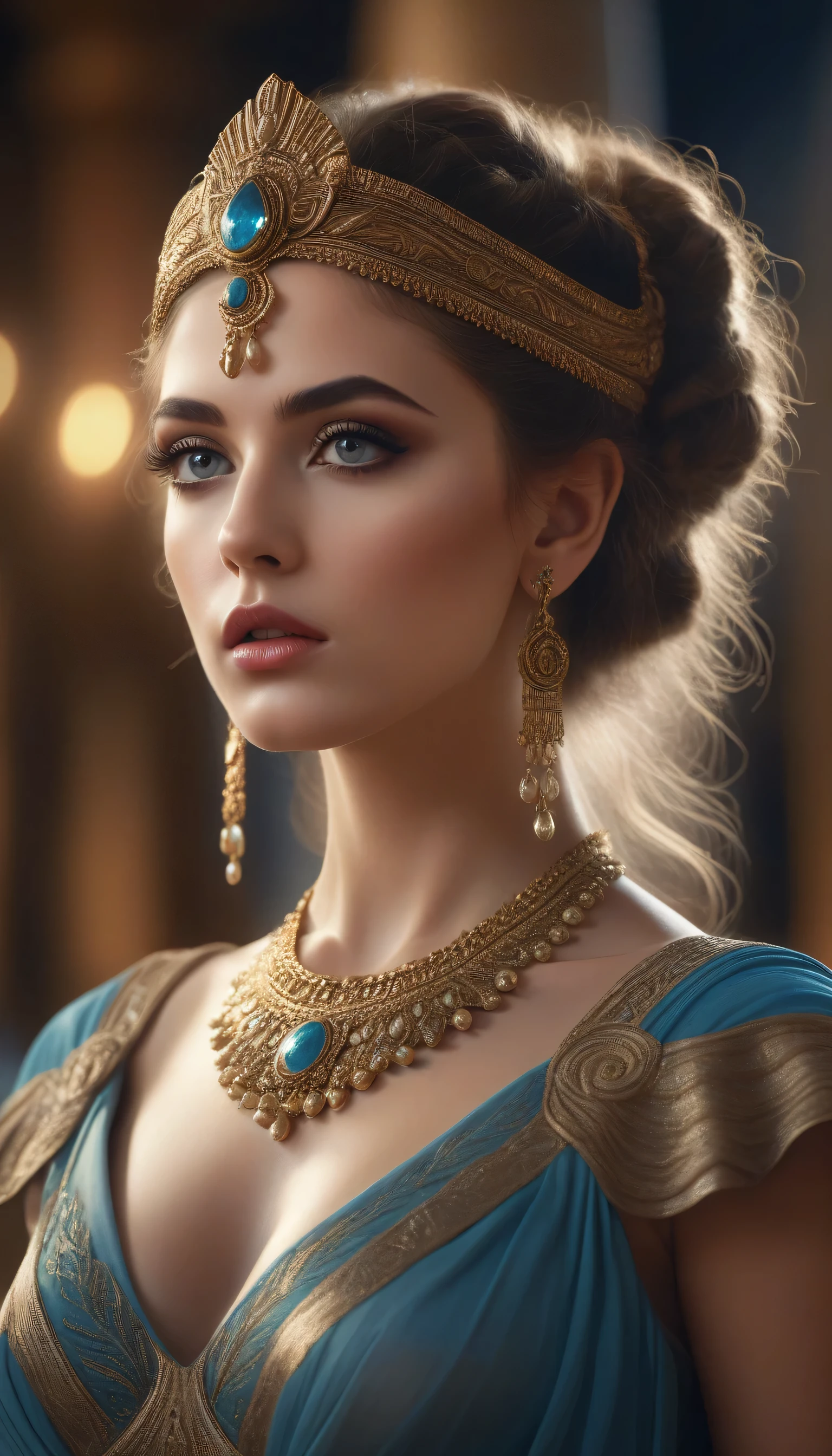 astarte, beautiful detailed eyes, beautiful detailed lips, extremely detailed eyes and face, long eyelashes, goddess, ancient greek mythology, mythology, fantasy, ornate jewelry, flowing dress, dramatic lighting, dramatic pose, cinematic composition, intricate details, digital painting, highly detailed, 8k, photorealistic, masterpiece, cinematic lighting