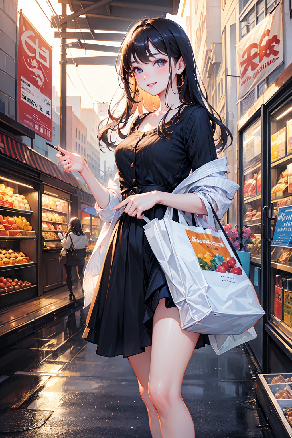 Photorealistic、Highest quality、Highest Resolution、highest quality、8K、1人のBeautiful woman、Beautiful woman、Beautiful woman、shopping、I'm shopping、looks fun、smile、Smile、Upscaling、