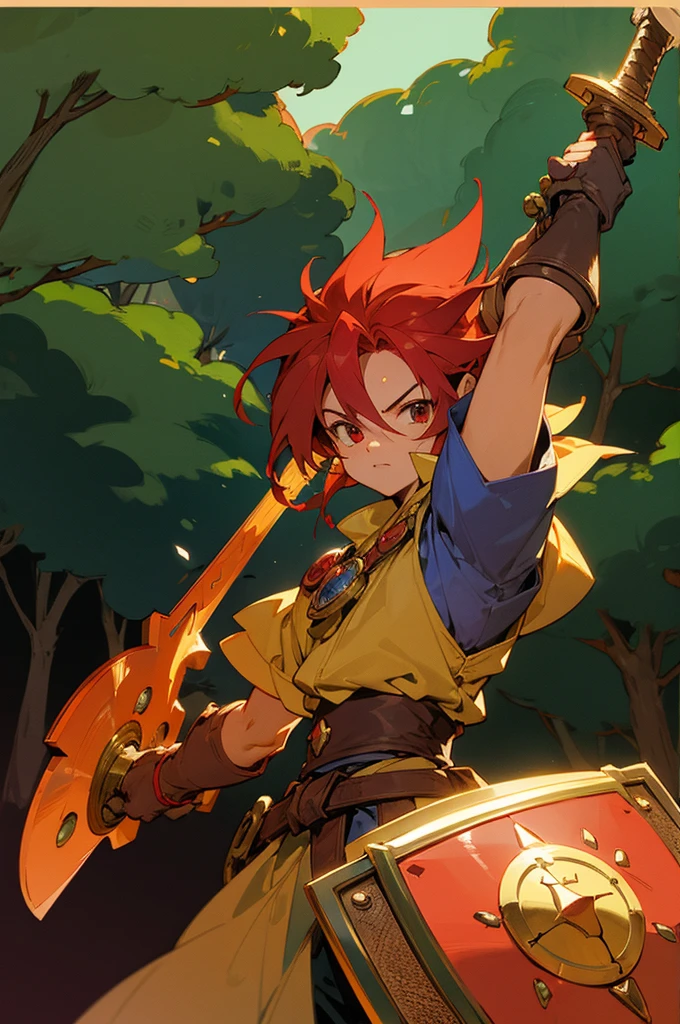 Chrono, from Chrono Trigger, wearing a colored armor, with a large red sword and a shield, perfect anatomy, perfect face, forest background