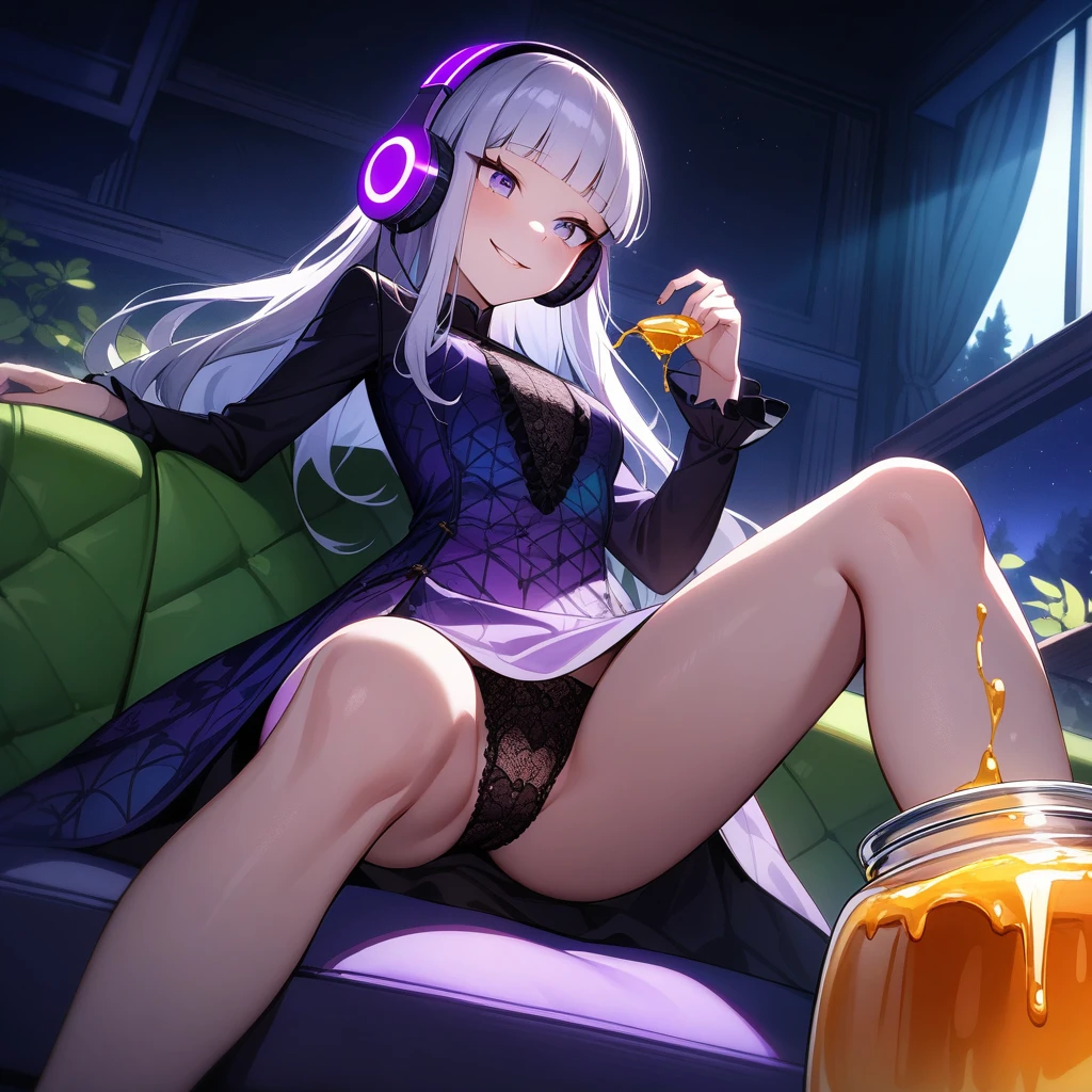 (masterpiece),(best quality),very aesthetic,(ultra-detailed),(illustration),(degenerate),very aesthetic,nsfw,1girl,,slender,long hair,silver hair,straight hair,(blunt bangs),dark blue alluring eyes,comfortable,(Purple shining headphones,listening to music with headphones),smirk,singing,An elegant and sophisticated outfit perfect for a party, featuring a Patterns that look as if they were sprinkled with multicolored ink velvet dress with green lace accents,long sleeves,bare legs,Honey Dipper,Jar of honey,looking at jar of honey,ecstasy,happy,inroom,couch,reclining,on couch,spread legs,night sky,Lascivious atmosphere,fantastic atmosphere,moonlight,Moonlight through the window,forest landscape,backlighting,(darkness room),Lace curtains flutter in the wind,Toxic green colored lace panties,Old furnishings,dusty room,cowboy shot,from below