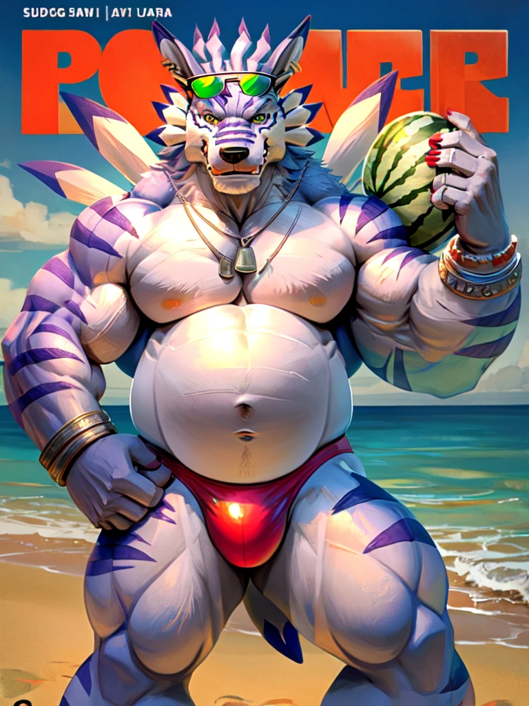 solo, weregarurumon, muscular, muscle gut, round belly, belly the size of a big watermelon, belly painted green, sunglasses on head, dog tag necklace, silver bracelet, shirtless, speedo, holding soda, posed, beach, magazine cover