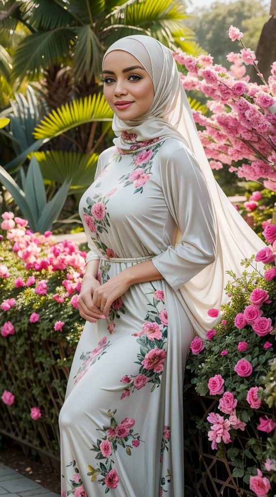 ( Close Up),RAW, Best quality, high resolution, masterpiece: 1.3), beautiful Malay woman in hijab,Masterpiece, perfect fit body, (big breast),big gorgeous eyes, Soft smile,thick thighs, beutifull face, sitting, woman wearing a long dress with a floral print on it, modest flowing gown,, masterpiece, jungle gown, sophisticated dress, soft silk dress, floral art novuea dress, long dress female, full covered dress, romantic dress, flowing dress, elegant dress, beautiful soft silky dress, beautiful silky dress, masterpiece!!!, masterpiece' , (Delicate turtleneck) , shairband, afternoon walk, City garden, Excellent lighting, Bright colors, Clean lines